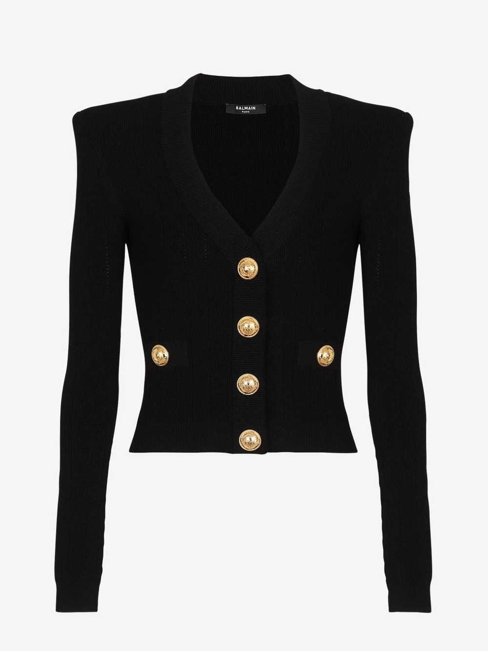 Balmain Black V-Neck Ribbed Cardigan with Gold Buttons